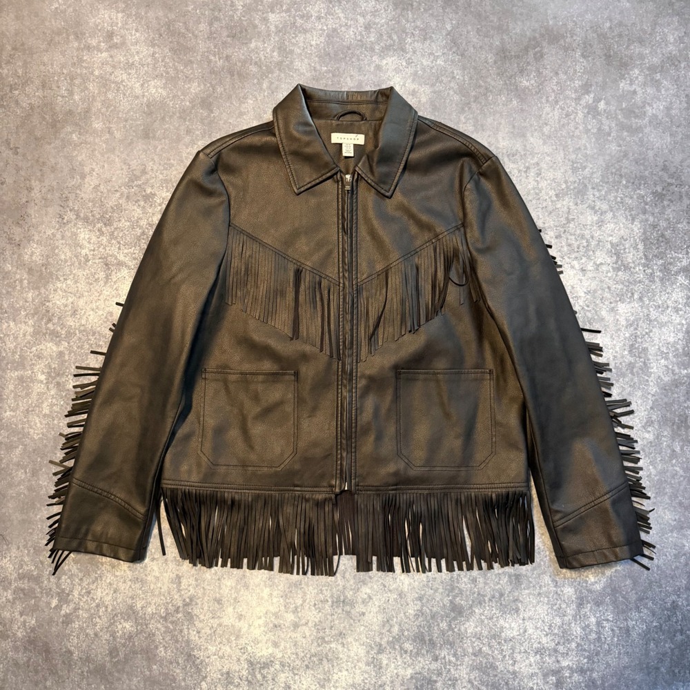 Topshop Women's Black Faux Leather Fringe Western Jacket 11P07SBLK US 10